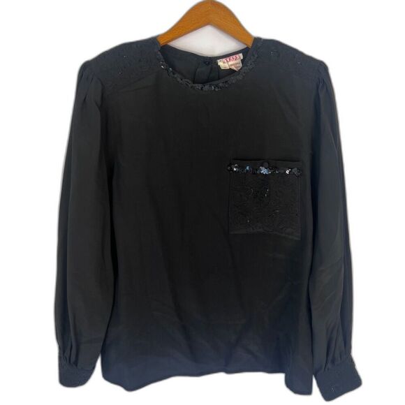 Tess Paris Milano Black Sequin Trim 100% Silk Vintage Blouse Size 14/LG - Picture 1 of 9